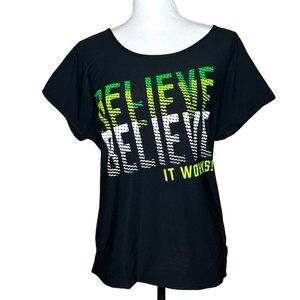 It Works! Believe Womens Cutout Mesh Back Shirt Top Black Green White Sz Medium